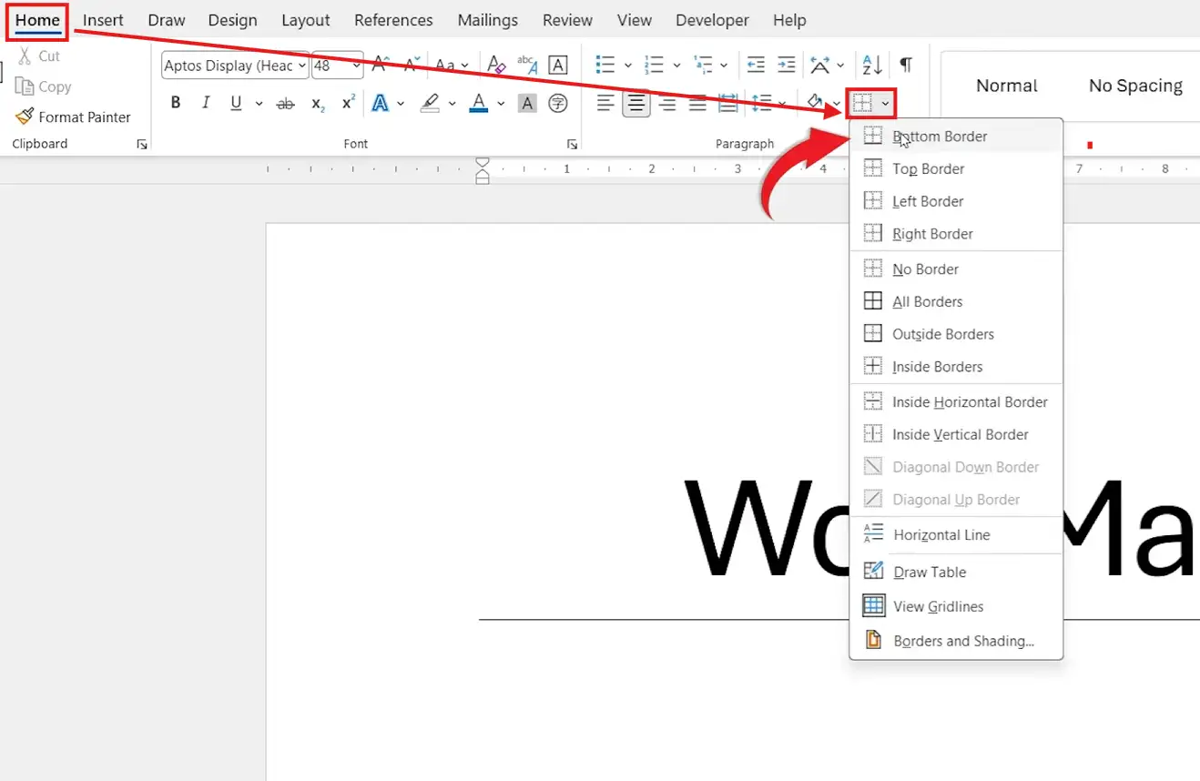 Microsoft Word Home tab showing Borders dropdown menu with Bottom Border option selected to add a bottom border in Word