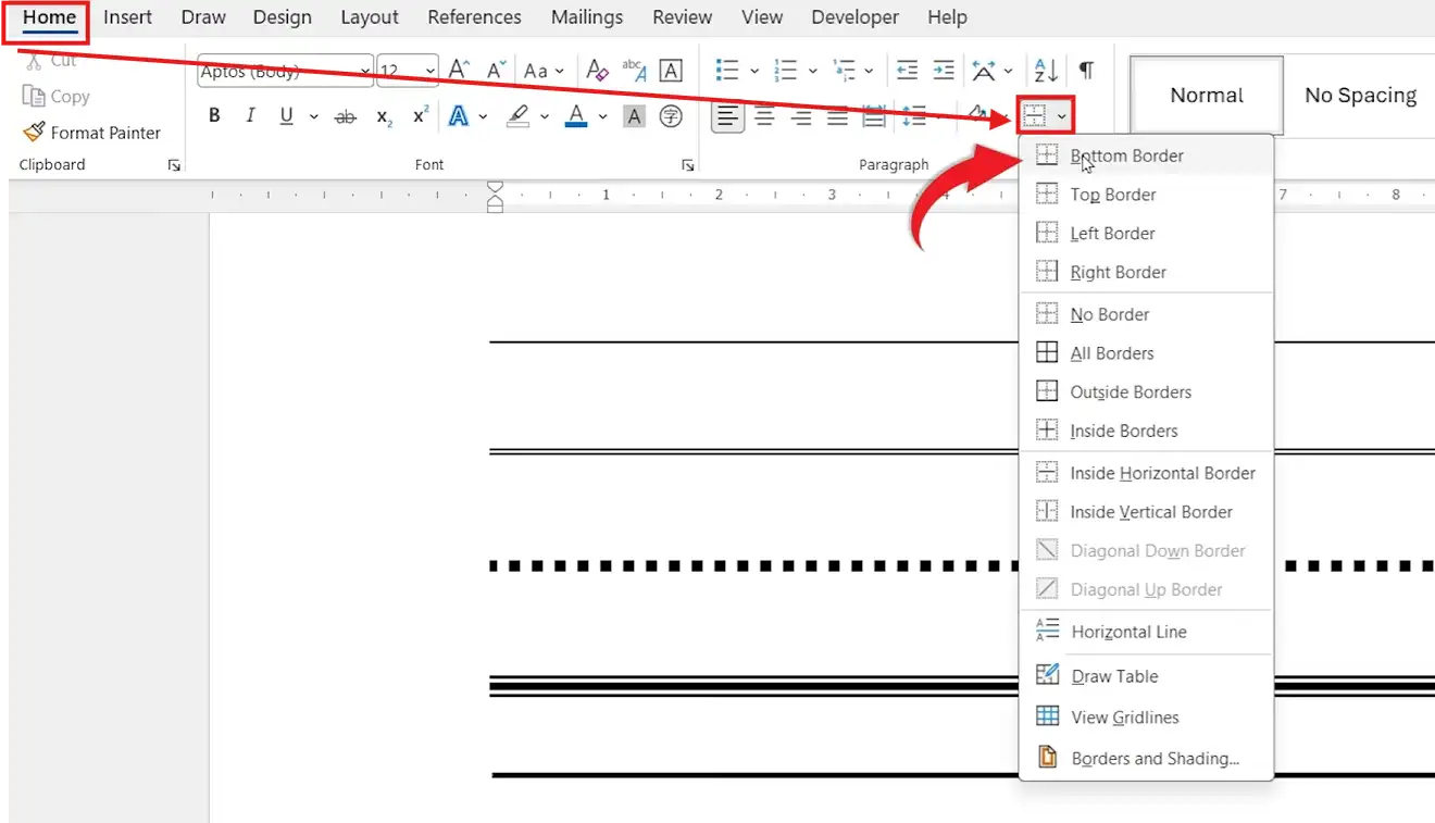 Microsoft Word Home tab Borders dropdown showing Bottom Border option selected to draw a line beneath a paragraph