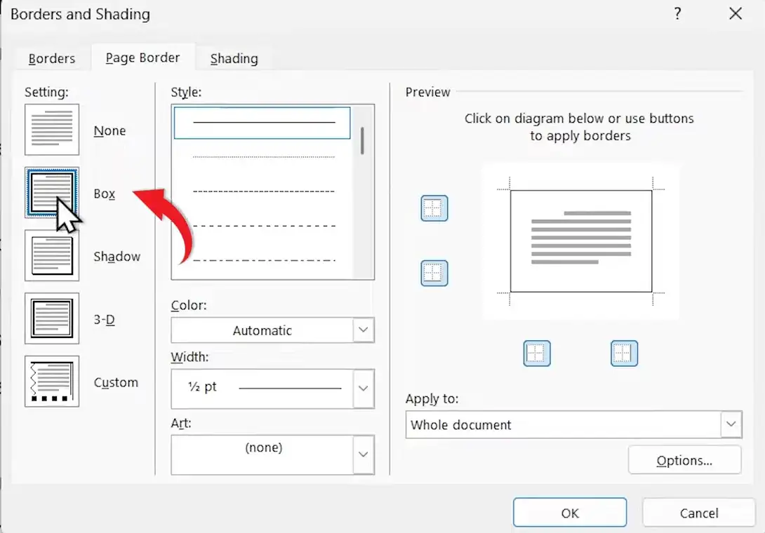 Borders and Shading window in Microsoft Word showing the Box page border option selected
