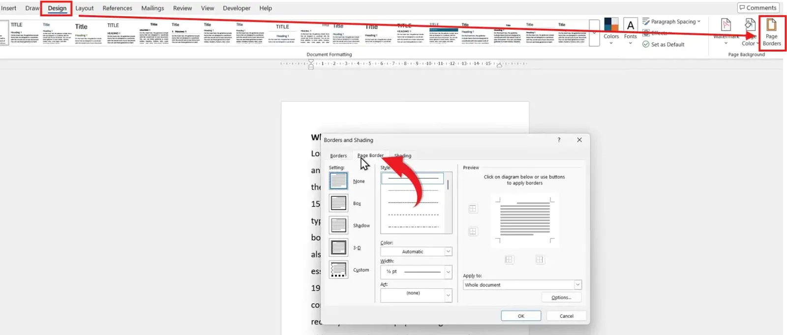 Microsoft Word Design tab showing the Page Borders option and Borders and Shading window to add a page border in Word