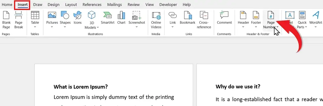 How to insert page numbers in Word using the Insert tab Page Number option