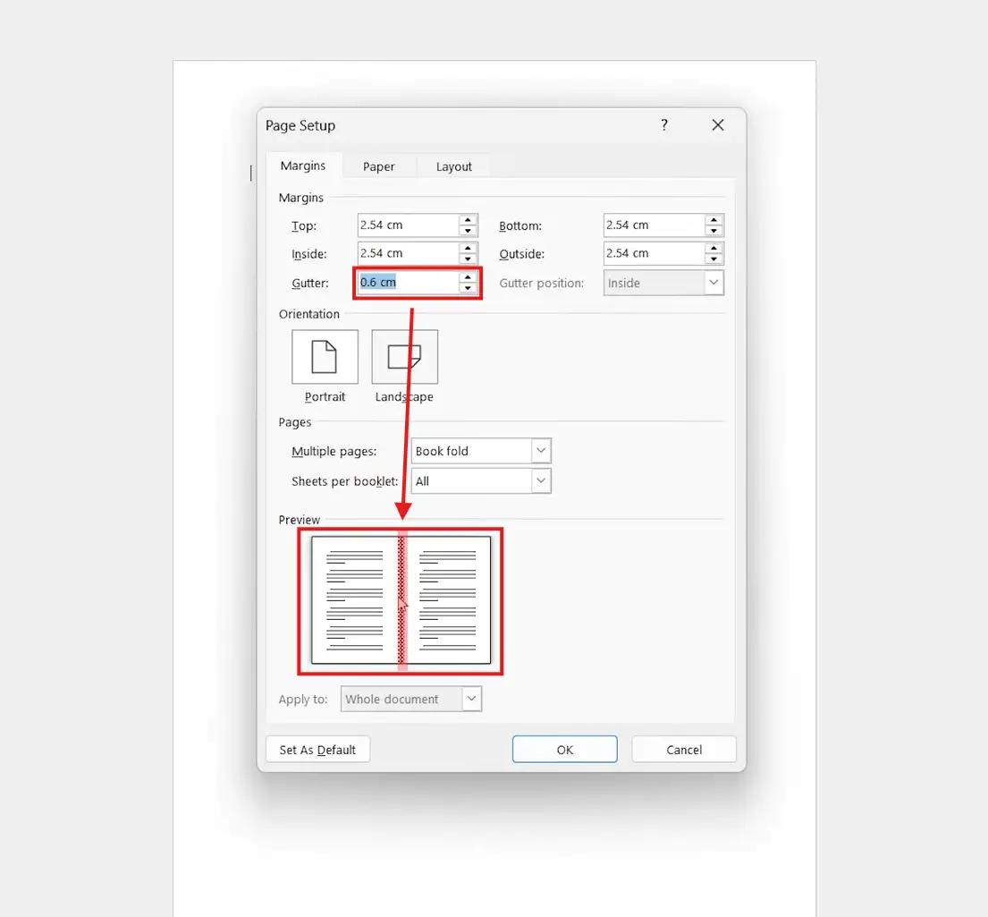 Word Page Setup showing gutter margin setting and Book fold preview for booklet printing in Word