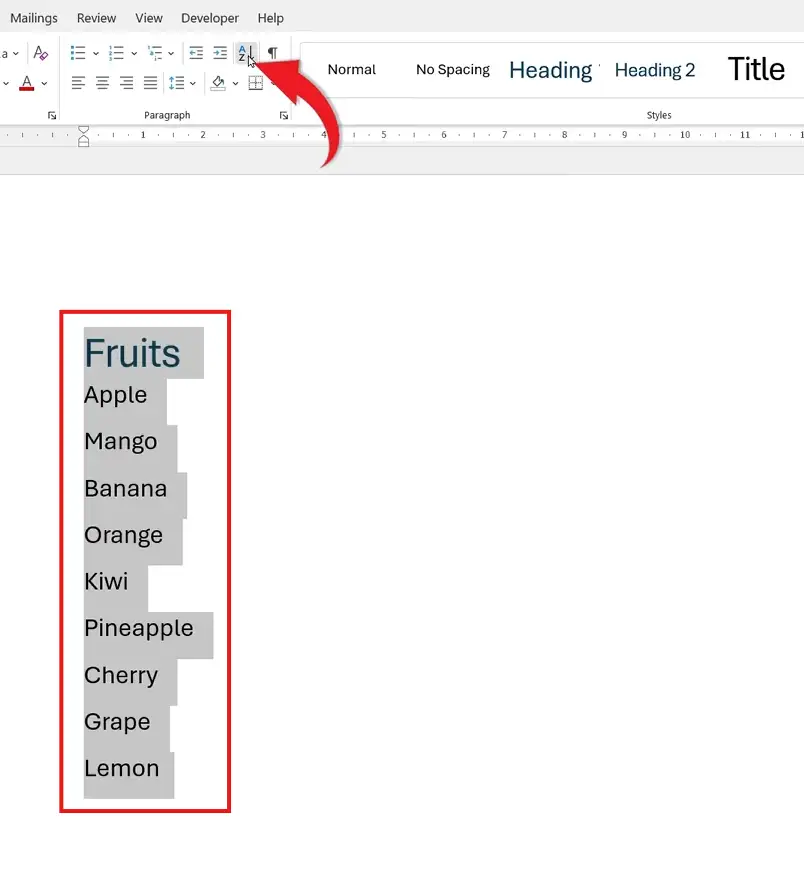 How to alphabetize a list in Microsoft Word with a fruit list and Sort button highlighted in the toolbar