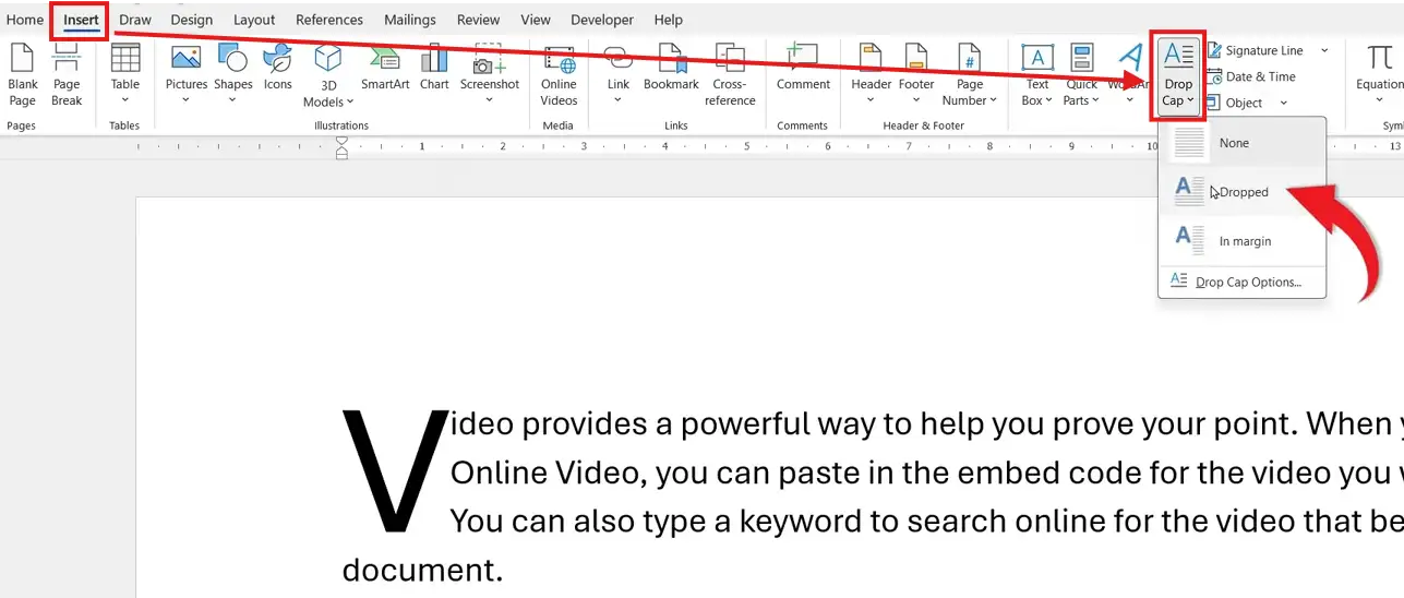 Microsoft Word Insert tab showing the Drop Cap menu with Dropped selected to add a drop cap in Word