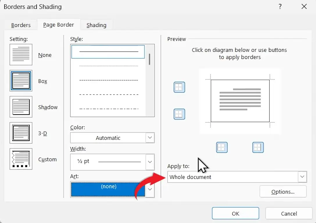 Borders and Shading window in Microsoft Word showing the Apply to dropdown for a page border