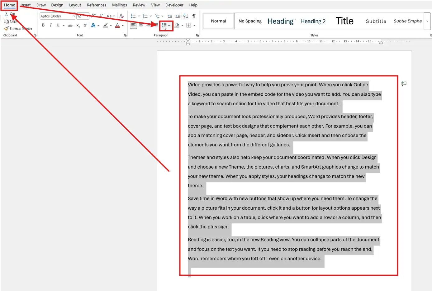 Microsoft Word Home tab showing the Line and Paragraph Spacing icon highlighted with text selected for changing line spacing