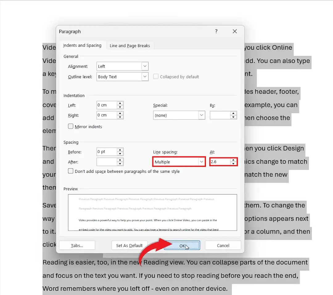 Microsoft Word Paragraph dialog box showing Line spacing set to Multiple with value 2.6 for custom line spacing in Word