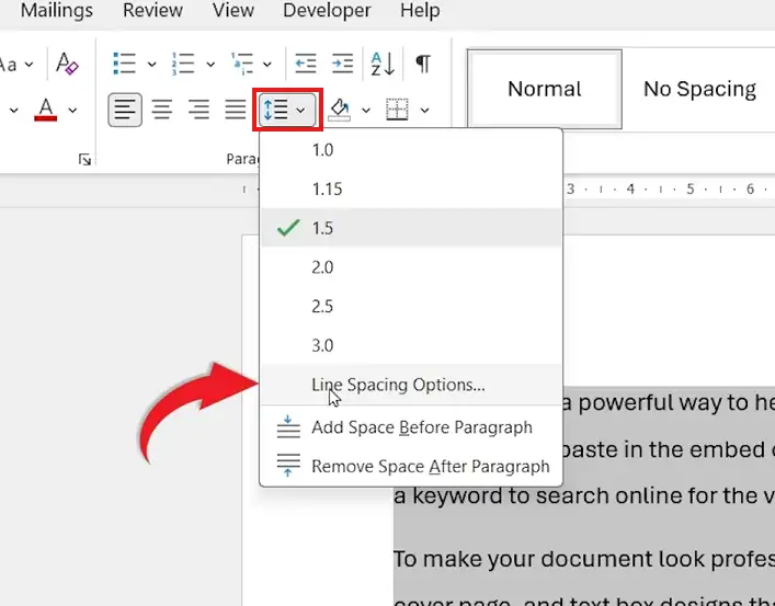 Microsoft Word Line and Paragraph Spacing dropdown with Line Spacing Options highlighted for custom line spacing values
