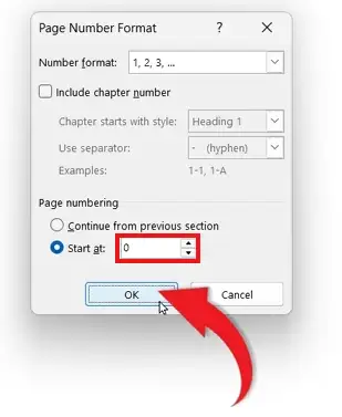 Word Page Number Format dialog with Start at field set to 0 to fix numbering when removing page numbers in Word