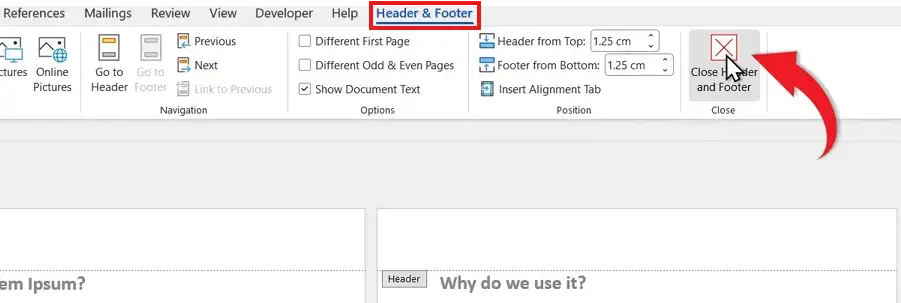 Close header and footer after inserting page numbers in Word