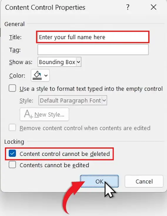 Content Control Properties when creating a fillable form in Word