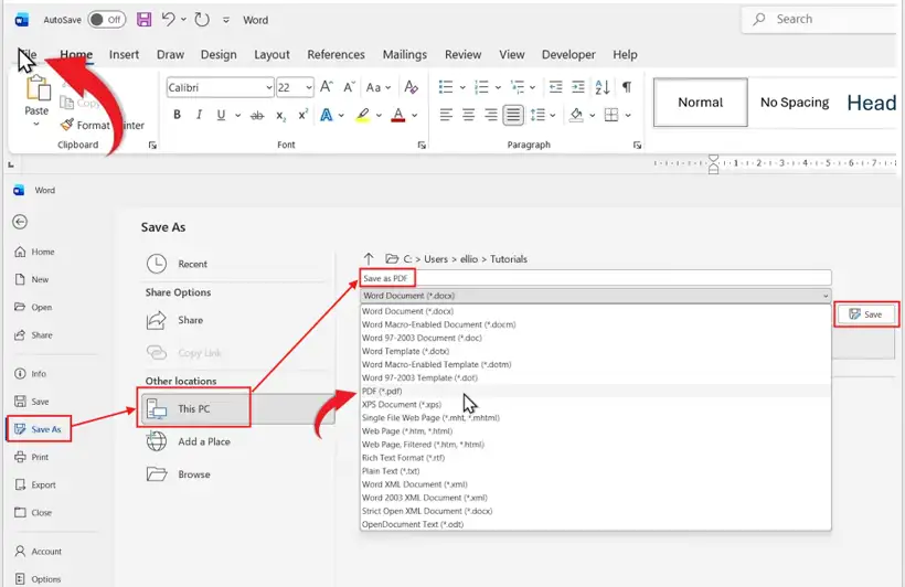 Microsoft Word Save As menu showing the PDF file type selected to save a Word document as a PDF