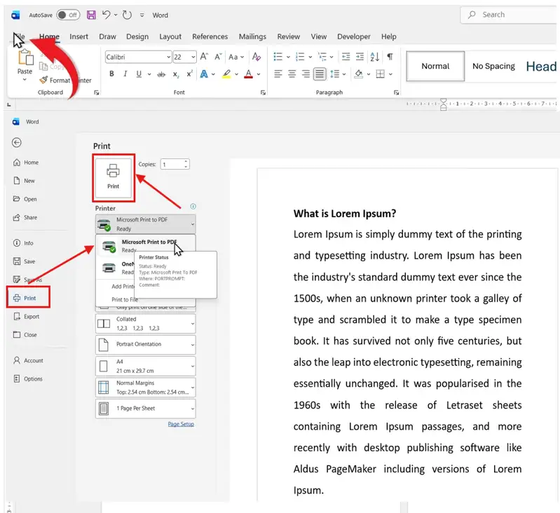 Microsoft Word Print menu showing Microsoft Print to PDF selected to save a Word document as a PDF
