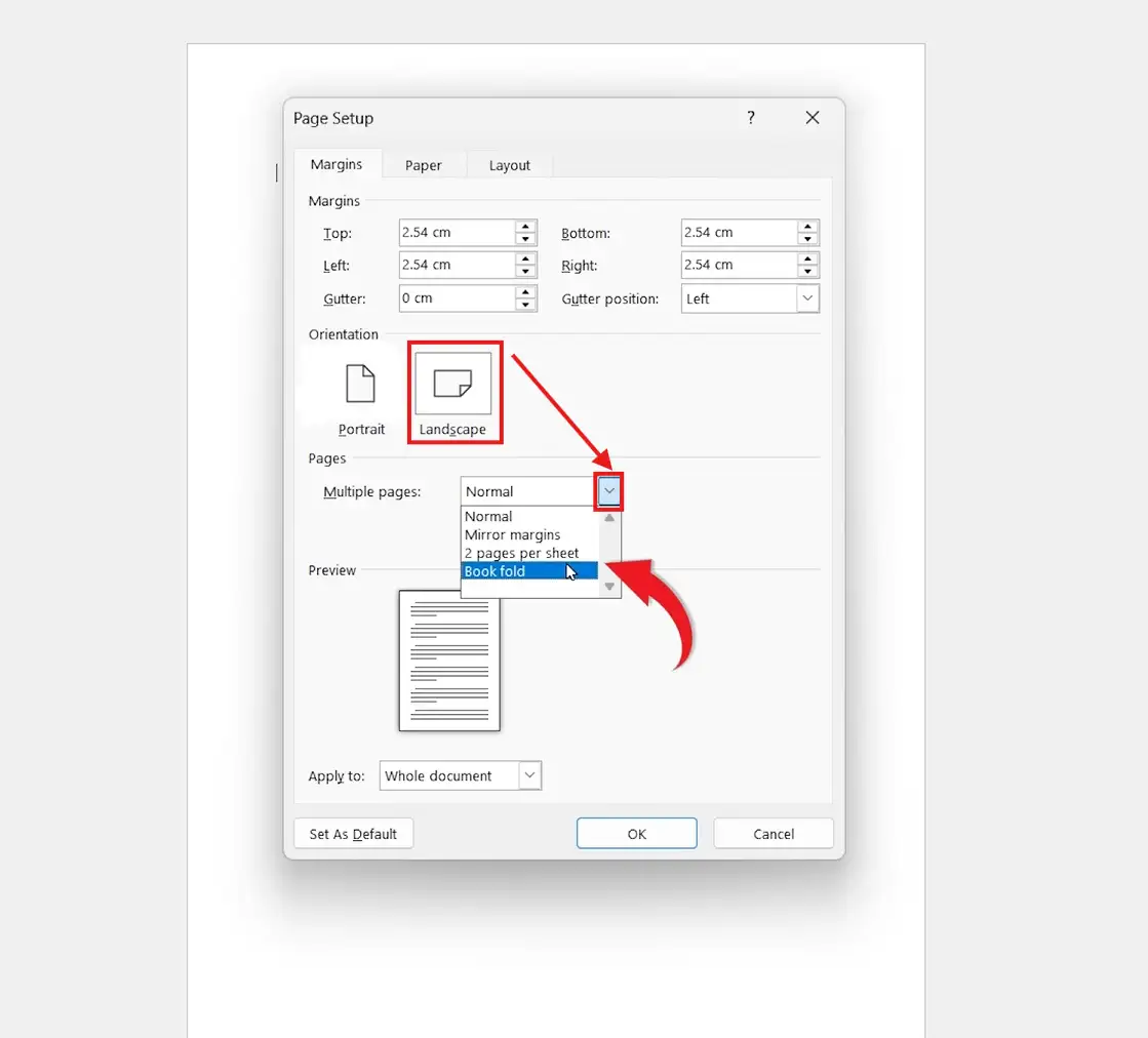 Word Page Setup window showing landscape orientation and Book fold option selected to print a booklet in Word