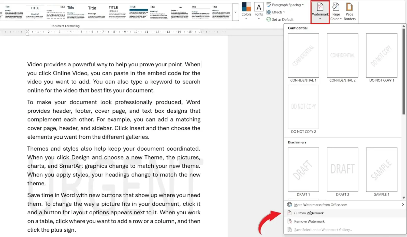 Custom Watermark option highlighted in the Design tab watermark gallery
