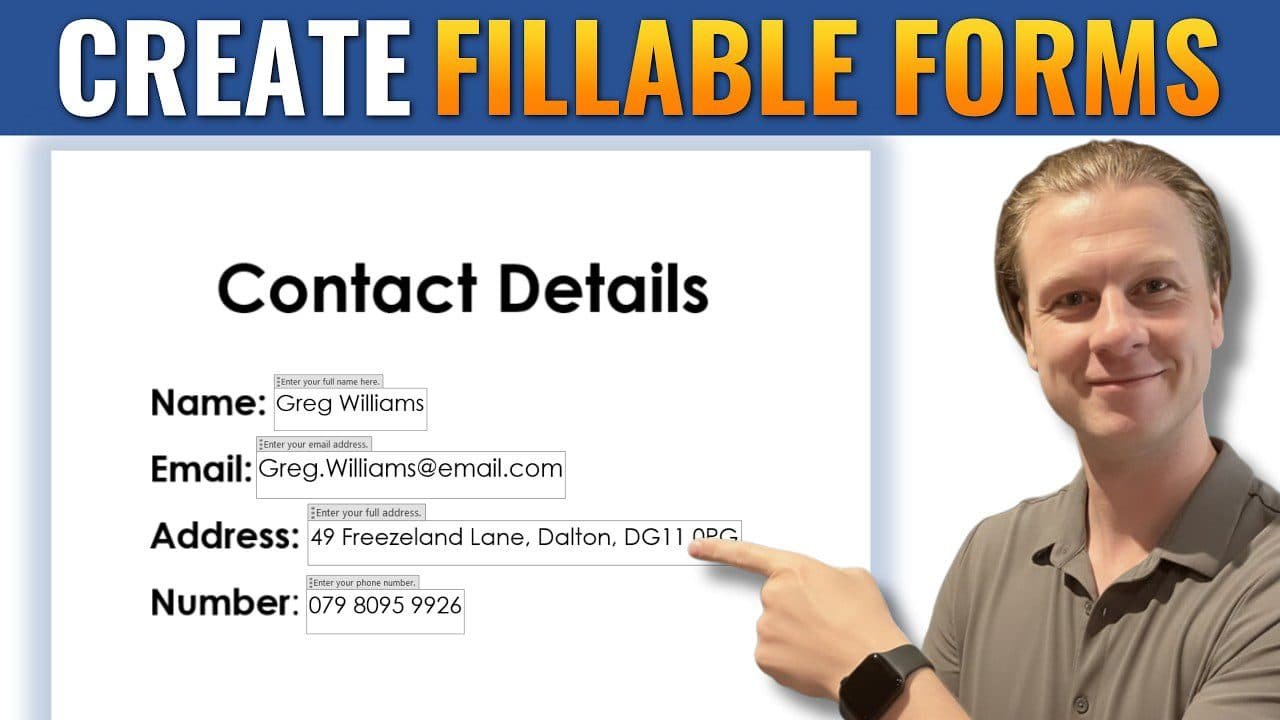 Create fillable forms in Microsoft Word with contact details example including name, email, address, and phone number