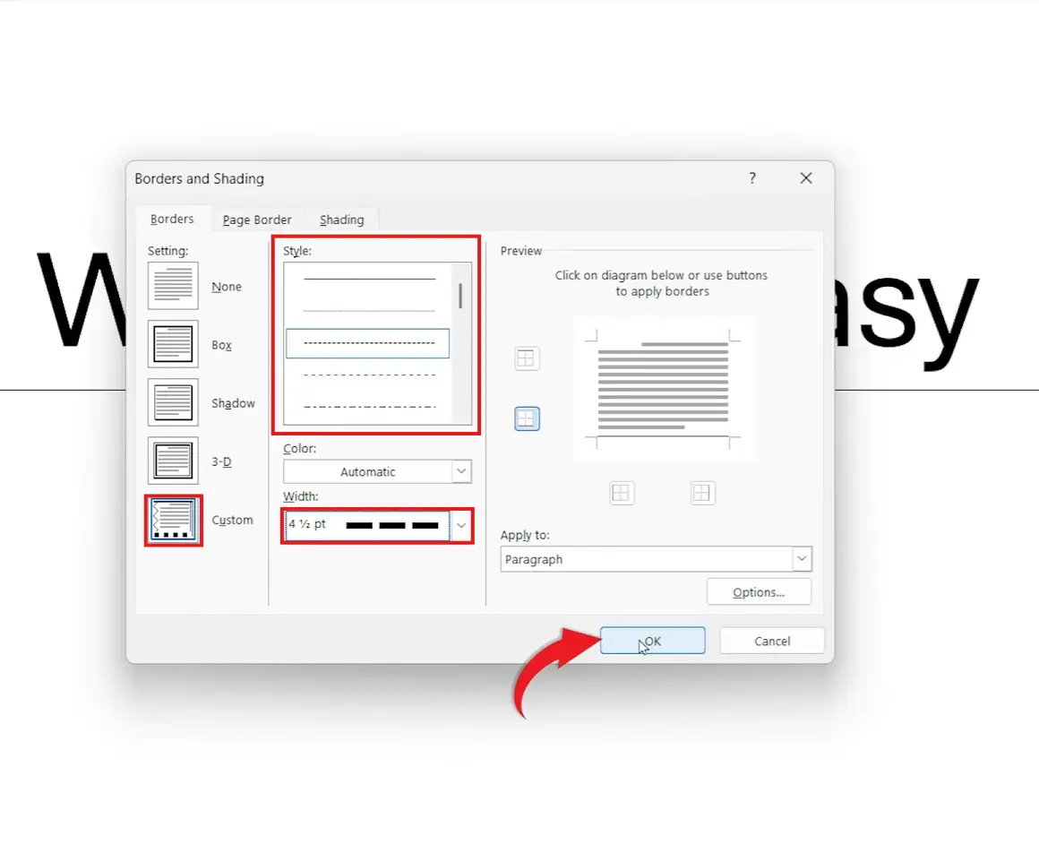 Borders and Shading dialog box in Microsoft Word showing style, colour, and width settings used to customise a bottom border