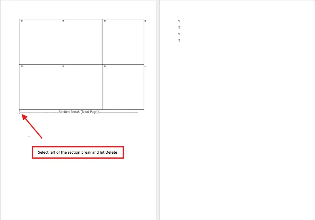 Word showing how to delete a section break to remove the extra page in Word left behind by a table