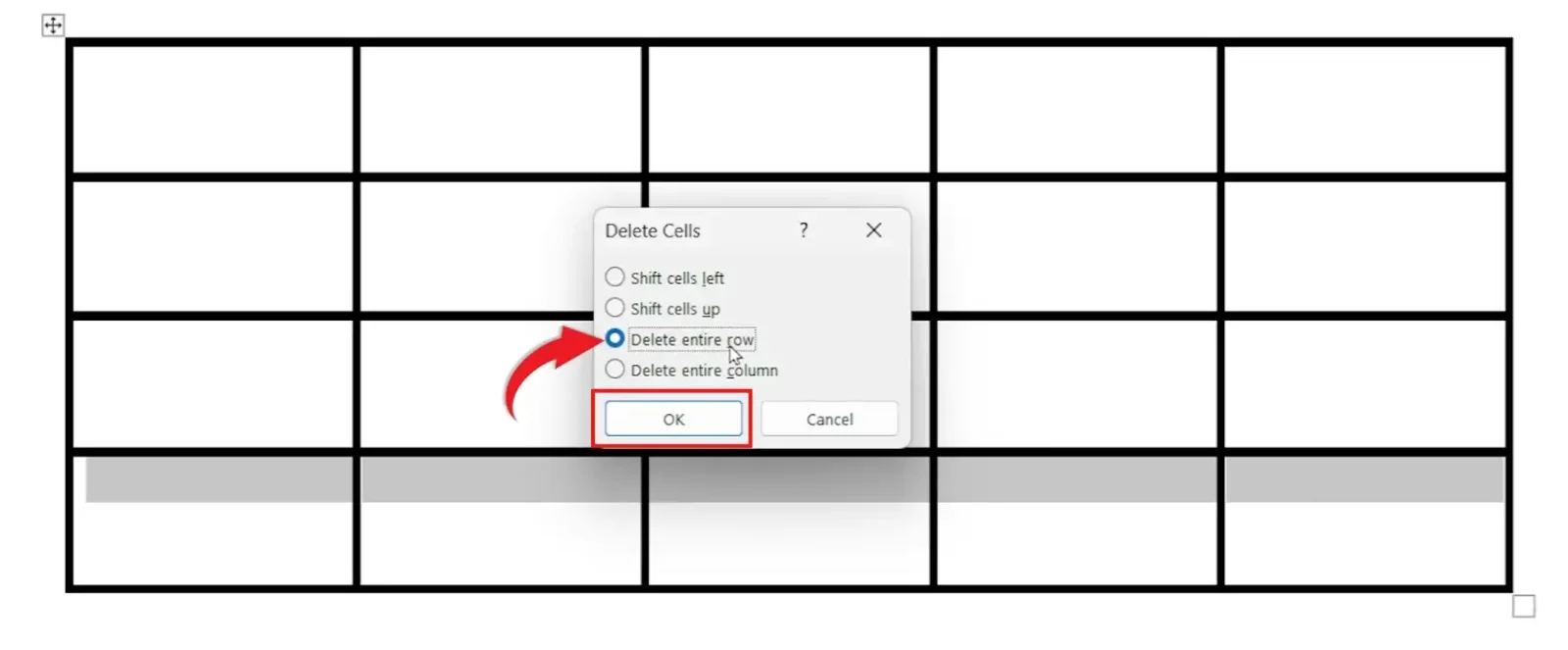 Word Delete Cells dialog with Delete entire row option selected to remove a row from a Word table
