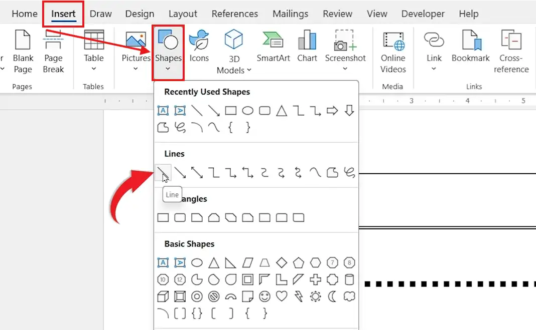 Microsoft Word Insert tab showing Shapes dropdown menu with the Line tool highlighted to draw a line in Word