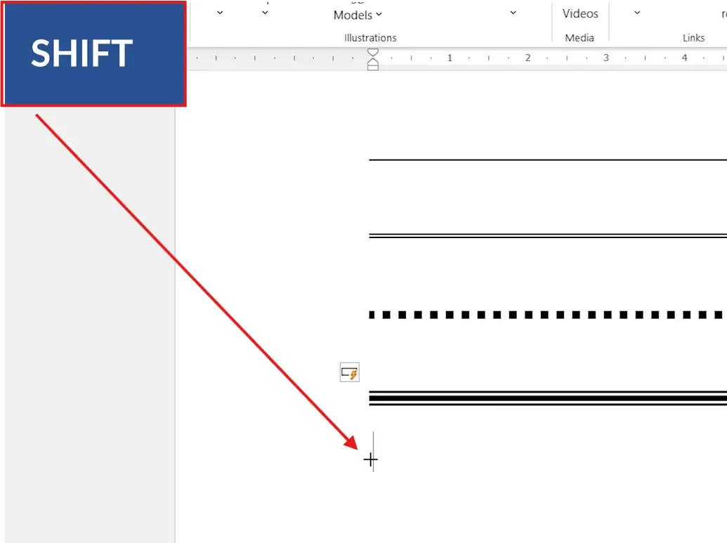 Microsoft Word document showing the Shift key held to draw a perfectly straight horizontal line using the Shapes tool
