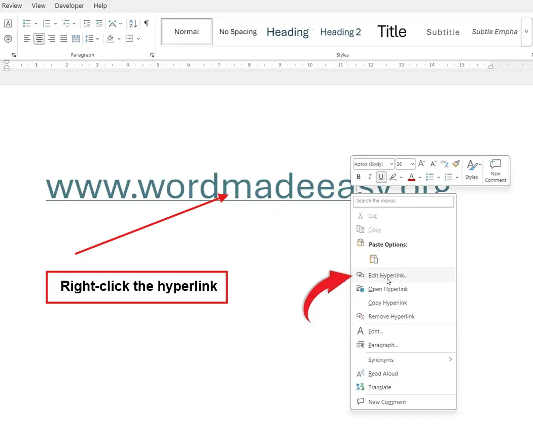 Word right-click menu showing Edit Hyperlink option used before removing hyperlinks in Word