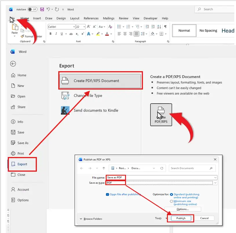 Microsoft Word Export screen showing Create PDF/XPS to save a Word document as a PDF