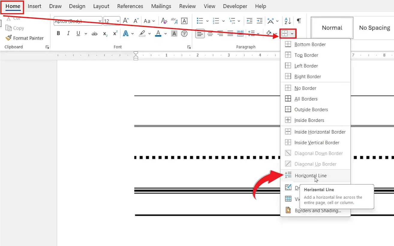 Microsoft Word Home tab showing Borders dropdown menu with Horizontal Line option selected to draw a line in Word