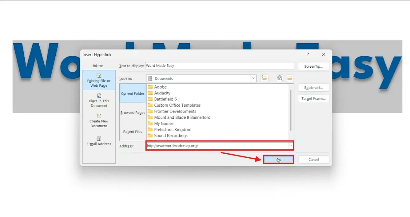 Word Insert Hyperlink window showing URL input field and OK button highlighted in the dialog