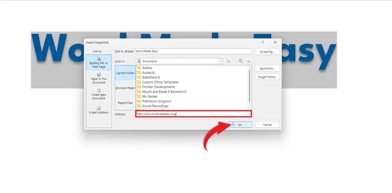 Word Insert Hyperlink window showing URL input field and OK button highlighted