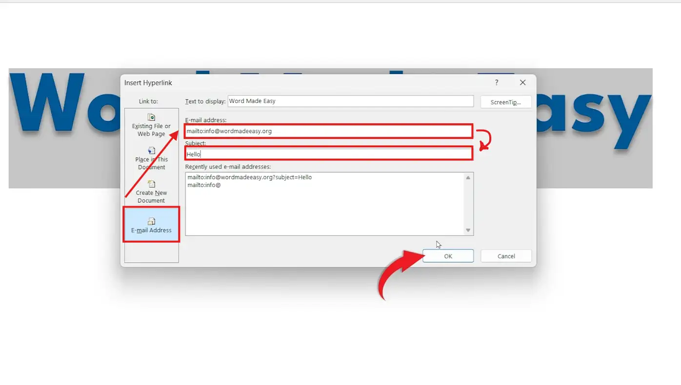Word Insert Hyperlink dialog showing email address and subject fields highlighted for an email link