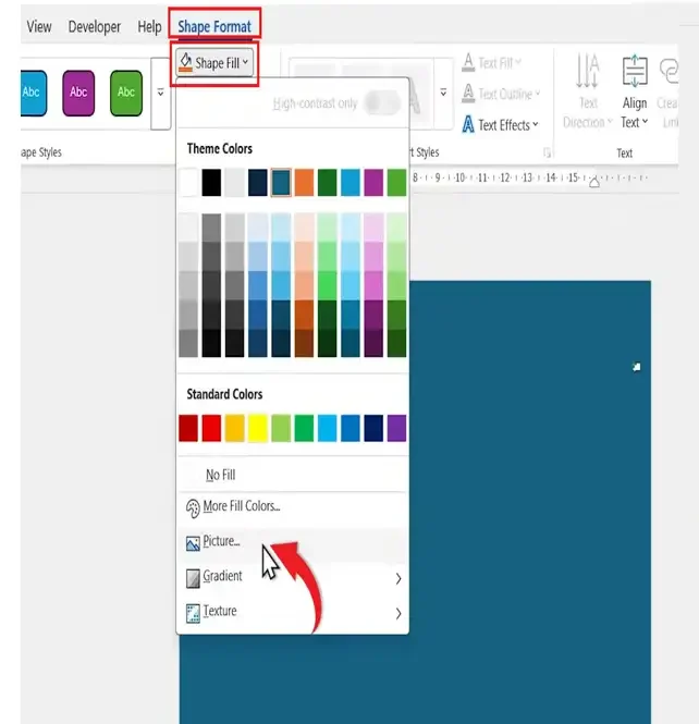 Microsoft Word Shape Fill menu showing how to add a background in Word using a picture fill.