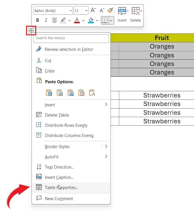 How to merge tables in Word - opening Table Properties from the right-click menu