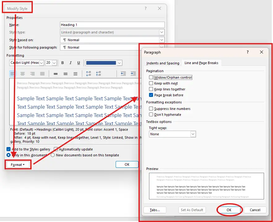 Word Paragraph dialog showing Page break before for automatic chapter headings