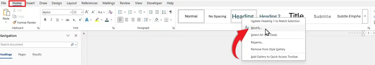 Word Modify Style window showing chapter heading font, alignment, and colour settings