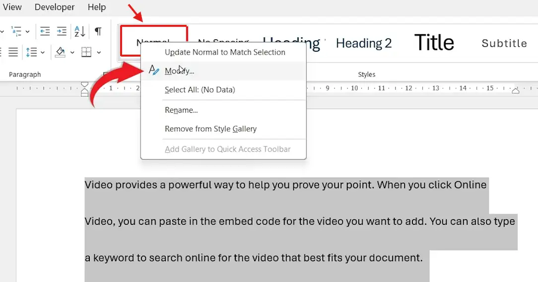Microsoft Word Styles panel showing the Normal style with the Modify option highlighted for setting default line spacing in Word