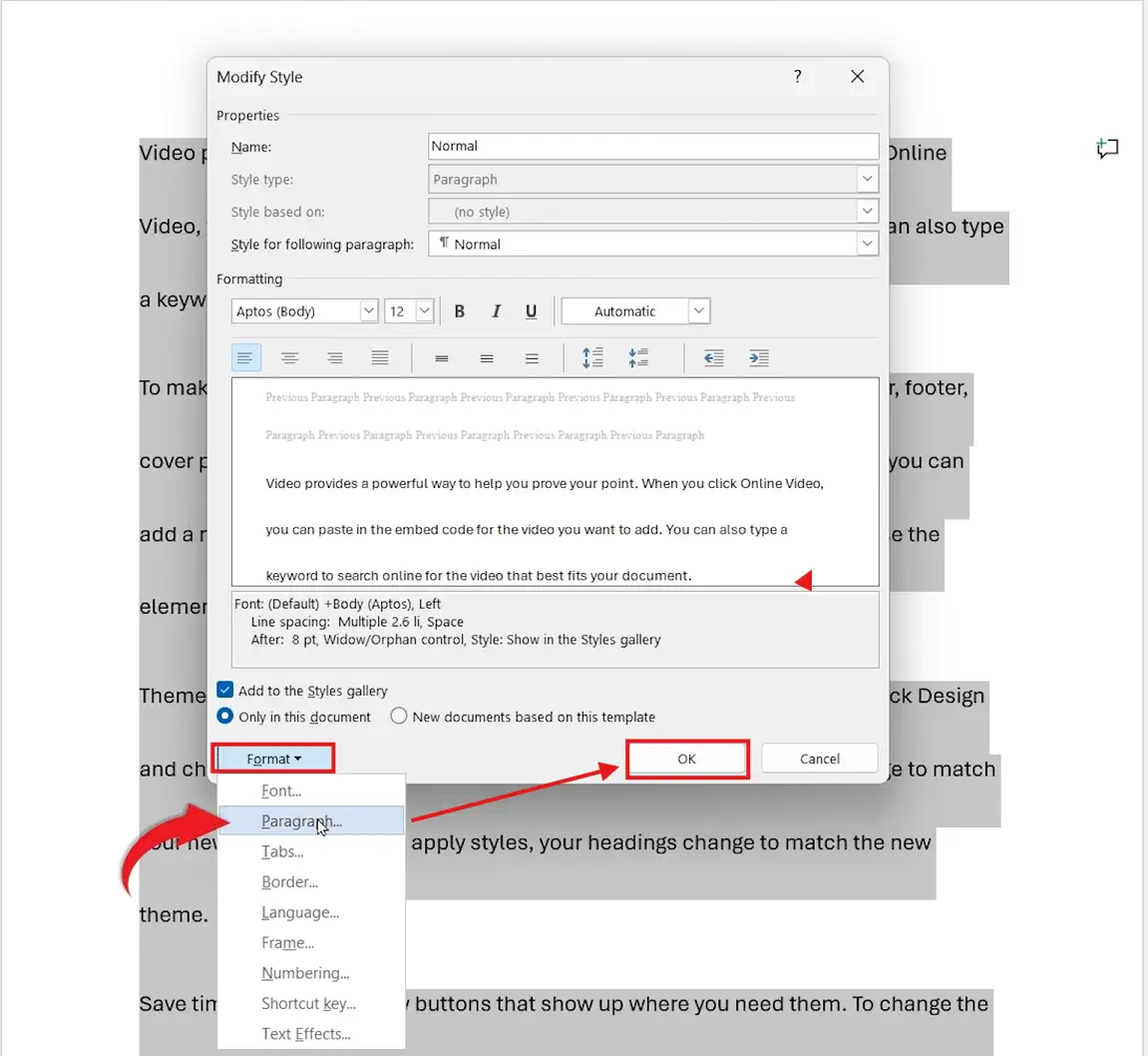 Microsoft Word Modify Style dialog box showing Format Paragraph option for changing default line spacing in the Normal style