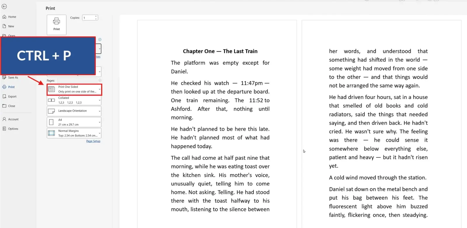 Word Print dialog with Ctrl P shortcut and duplex booklet print settings to print a booklet in Word