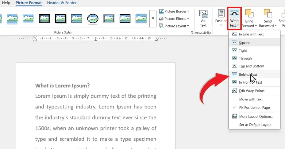 Microsoft Word Wrap Text Behind Text option used to add a background image in Word behind text.