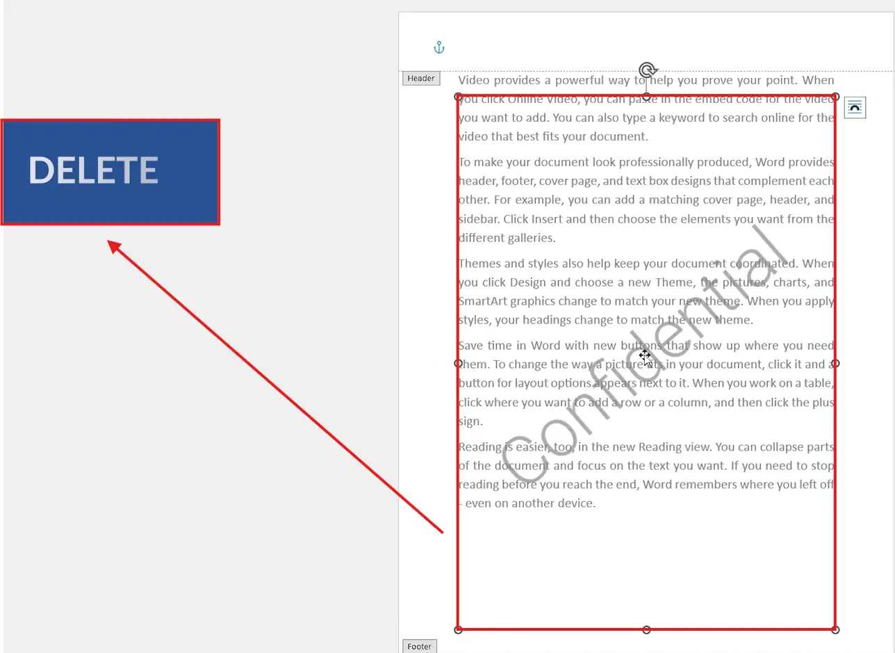 Microsoft Word header area showing a selected Confidential watermark image being deleted