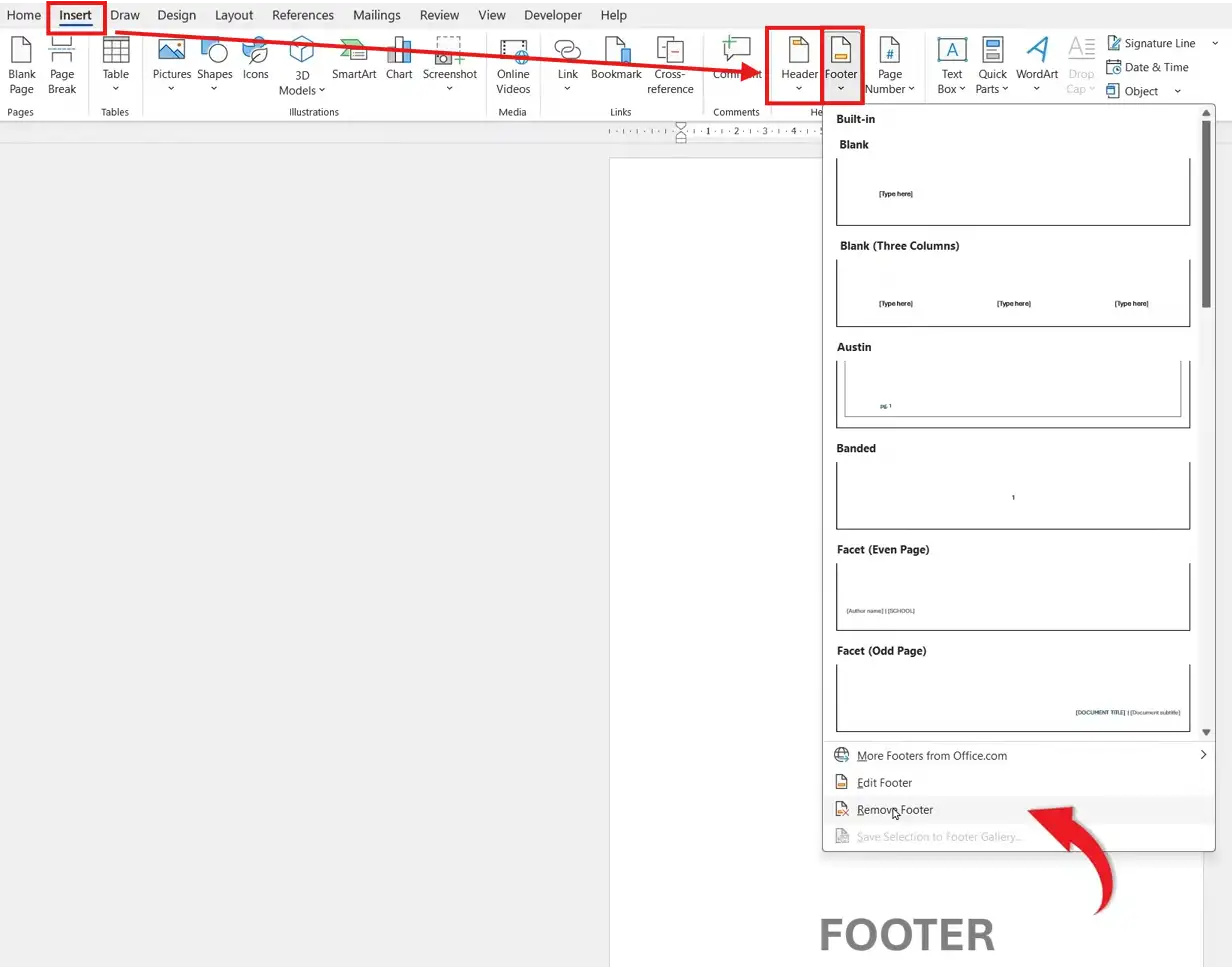 Microsoft Word Insert tab showing Header and Footer menus with Remove Footer selected to remove headers and footers in Word.