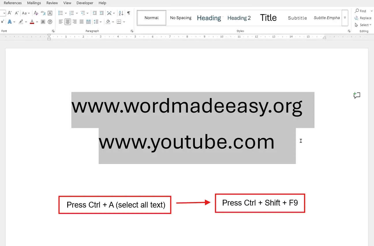 Word document showing Ctrl A and Ctrl Shift F9 shortcut to remove hyperlinks in Word in bulk