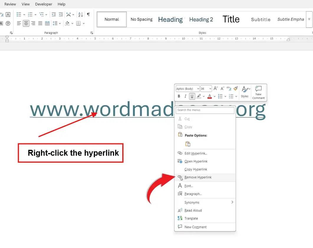 Word right-click context menu showing Remove Hyperlink option to remove hyperlinks in Word