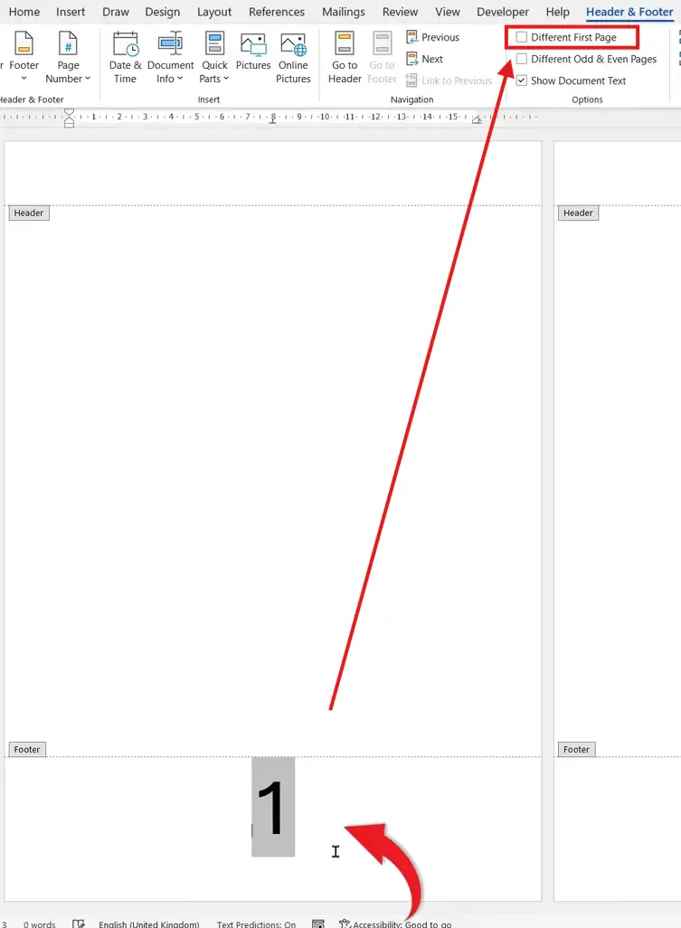 Word Header and Footer tab with Different First Page option enabled to remove page numbers in Word from the first page