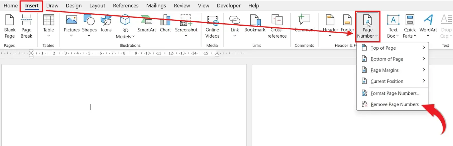 Word Insert tab Page Number dropdown with Remove Page Numbers option to remove page numbers in Word