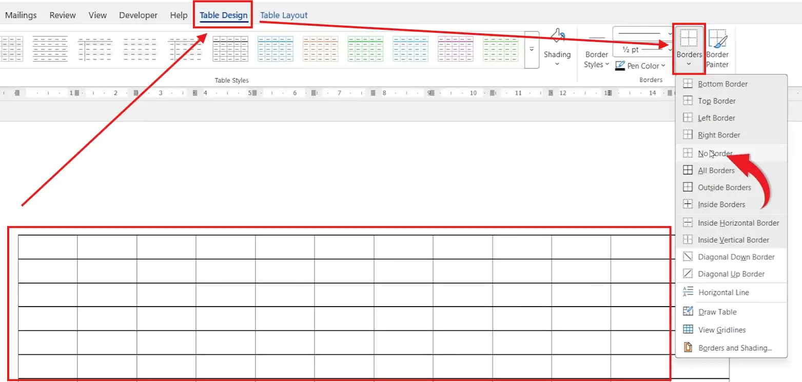 Word Table Design tab showing Borders dropdown with No Borders option for hide table lines in Word