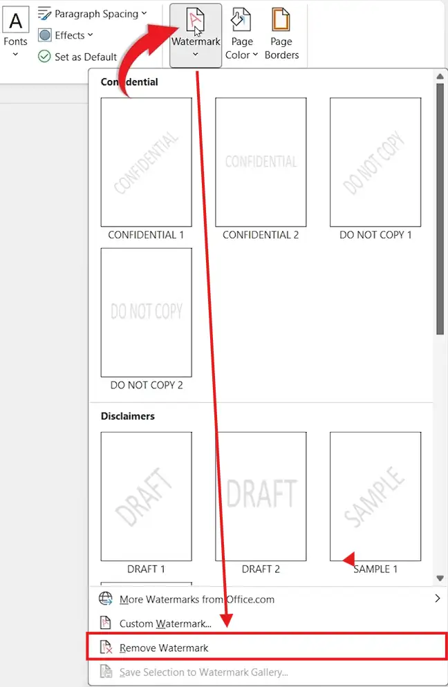 Microsoft Word Watermark dropdown showing Remove Watermark option to delete a watermark