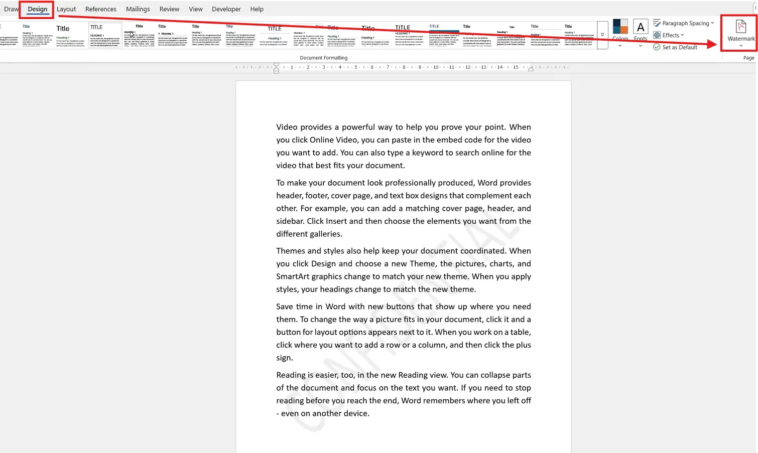 Microsoft Word Design tab showing the Watermark button for remove watermark in Word