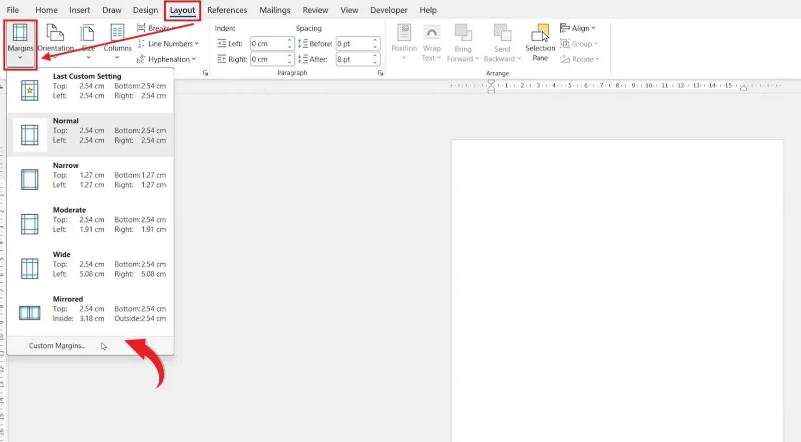 Word Layout tab Margins dropdown with Custom Margins option highlighted to print a booklet in Word