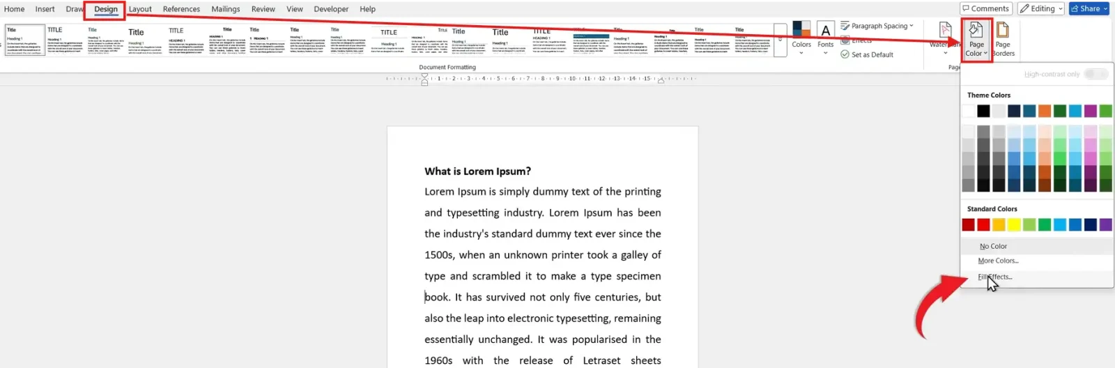 Microsoft Word Design tab with Page Color menu and Fill Effects highlighted to add a background in Word.